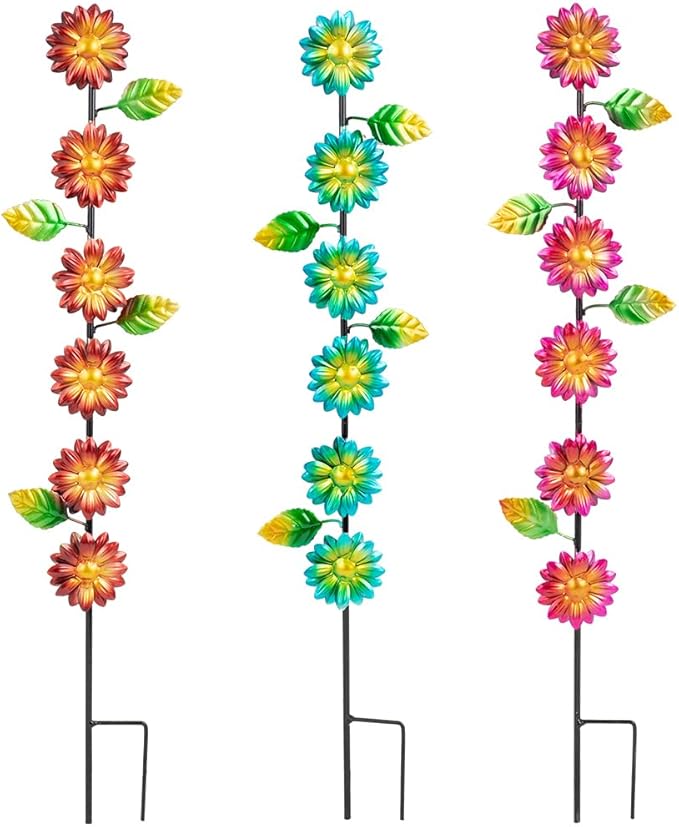 3Pack Flowers Decorative Garden Stakes,Spring Outdoor Metal Flowers Decorations,Metal Yard Art for Outside Patio Porch Decor（22.6 * 5.1IN）