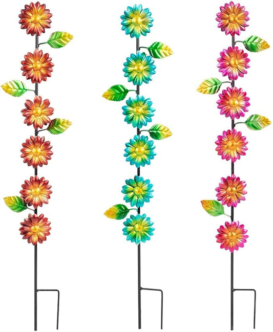 3Pack Flowers Decorative Garden Stakes,Spring Outdoor Metal Flowers Decorations,Metal Yard Art for Outside Patio Porch Decor（22.6 * 5.1IN）