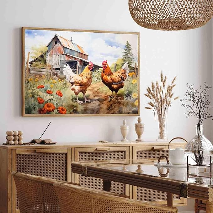 Chicken Farm Wall Art Rustic Country Painting Chickens Pictures Vintage Countryside Canvas Wall Art Barn Rustic Farmhouse Pictures Animals Wildflower Painting Living Room Decor 16x24inch No Frame