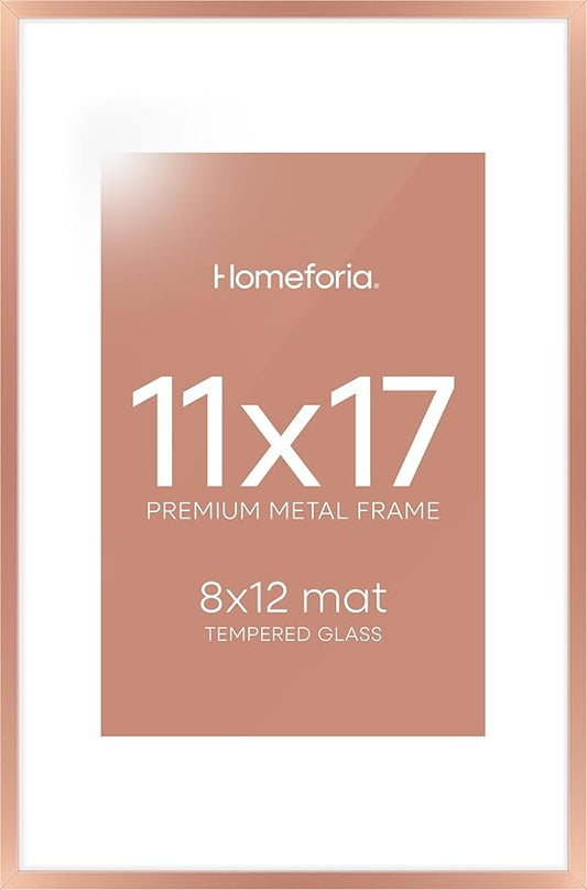 Homeforia 11x17 Picture Frame Rose Gold, High End Metal 11x17 Poster Frames with Mat 8x12 Photo, 11 x 17 Rose Gold Frames Matted to 8 by 12 Print, 17x11 Thin Frames, Tempered Glass, Wall Kit, Set of 1