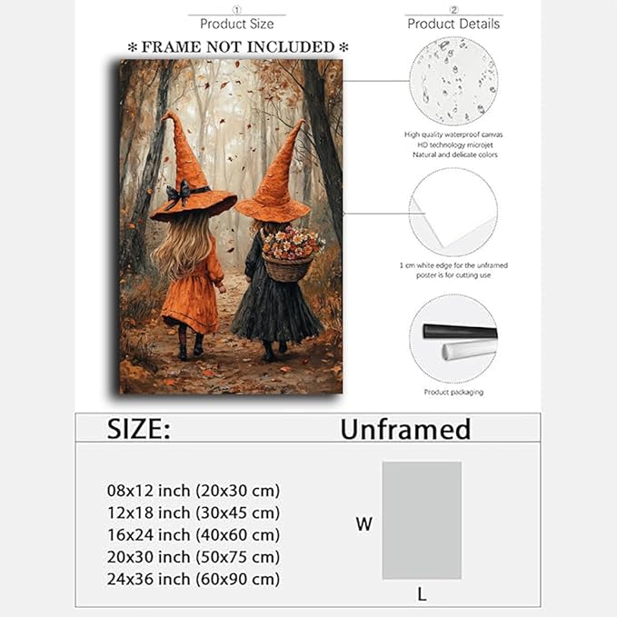 Fall Wall Art Witch Picture Decor,Little Girl Witch Halloween Wall Art, Vintage Autumn Whimsical Woodland Forest Picture, Family Room Nursery Playroom Children Room Decoration,16"x24" Unframed