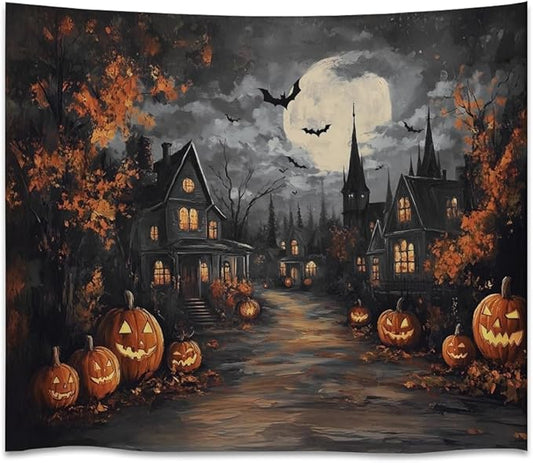 Spooky Halloween Tapestry Haunted Home Bats Pumpkin Tapestry Wall Hanging Dark Academia Fall Full Moon Decor Gothic Ghost Tapestries for bedroom Living Room Decoration 70x90inch