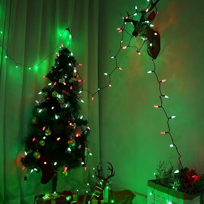 Brizled Red & Green C5 Christmas Lights, 33ft 100 LED Christmas Lights, Connectable 120V UL Certified Mini Christmas Lights Set Faceted Xmas Lights for Chrsitmas Tree Party Roof Indoor Outdoor Decor