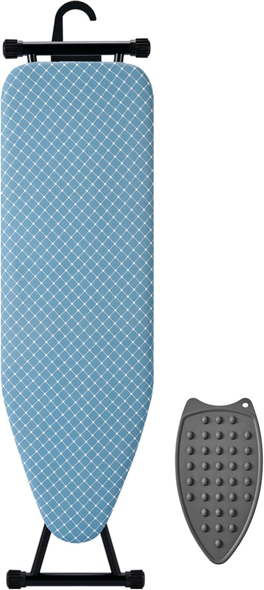 Compact Ironing Board 13 x 43, Iron Board with Heat Resistant Surface, Adjustable Height, Space Saving Table with Hook & Iron Rest for Home & Laundry Room, Diagonal Checkered Blue