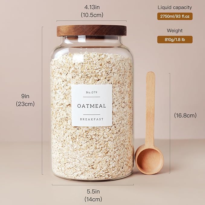 2 PCS Large Glass Jar with Airtight Lid, Glass Food Storage Jars for Tea,Spice,Cereal, Egg,Flour,Coffee and More(98 FL OZ/2800 ml)