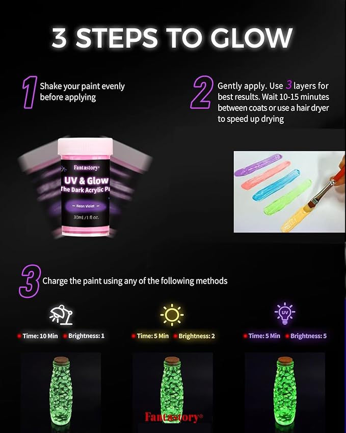 Fantastory Glow in the Dark Acrylic Paint,10 Bright Colors(30ml/1oz); Waterproof, Indoor Outdoor Black Light Paints for Halloween Rocks,Wood,DIY Crafts,Pumpkin, Adults