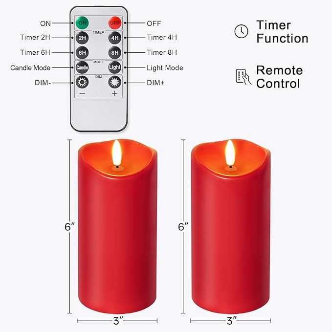 NURADA Outdoor Flameless Candles with Remote Timer - Waterproof Realistic Flickering LED Pillar Electric Battery Operated Fake Candle for Home Wedding Christmas Decor - 2 Pack Red(D3”H6”6”)