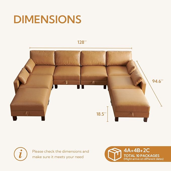 128'' Sleeper Couch, Large Sofa Bed with Storage, Faux Leather 8 Seater Sofa, Mid Century Modern Couch Sofa for Living Room, Guest Room, House, Apartment, Office, Loft, Tan