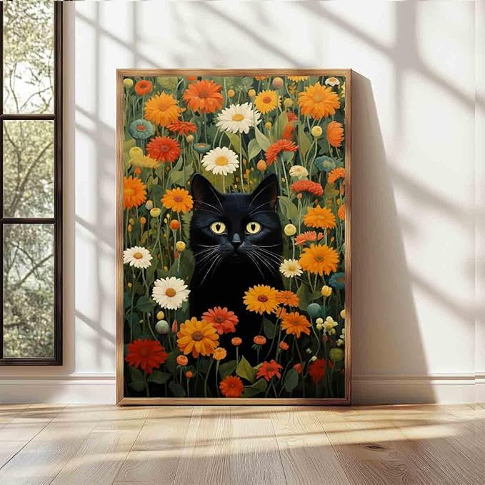 Vlolvfe Black Cat Wall Art Colorful Flower Pictures Funny Cat Painting Green Plant Pictures Colorful Wildflowers Wall Art Cute Animals Floral Picture Aesthetic Living Room Decor 16x24inch No Frame