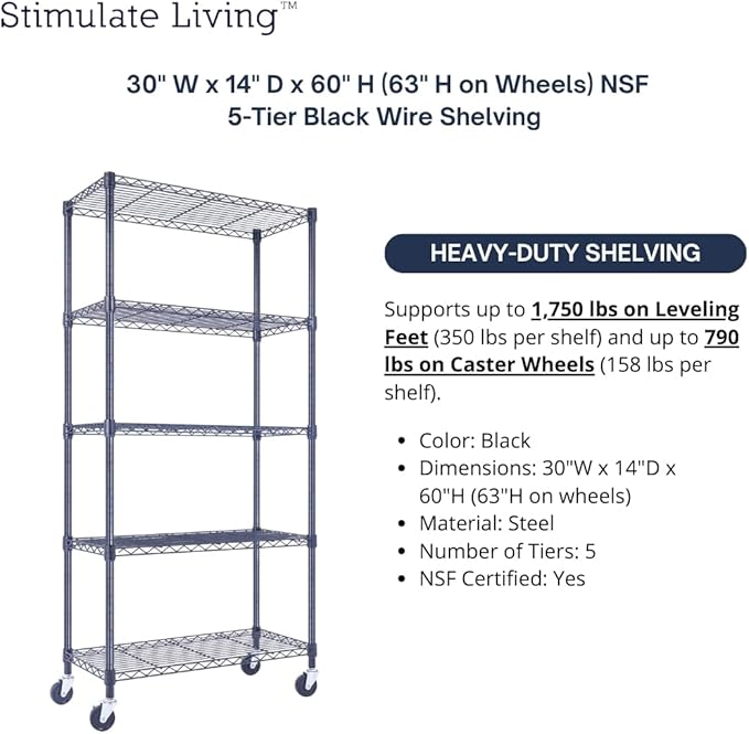 30"x14"x60" PRIME HEAVY DUTY Black 5-Tier Wire Shelving 1,750 LBS MAX Capacity Storage Rack for Commercial, School, Home, Garage, Warehouse, Industrial, and Hospital Uses (with Wheels)