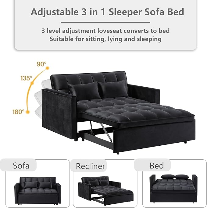 3 in 1 Convertible Sleeper Sofa Bed,Futon Loveseat Couch with Pull-Out Bed & Adjustable Backrest,Velvet Fabric Sofa with Side Pocket for Small Apartment, Living Room, Office (Black)
