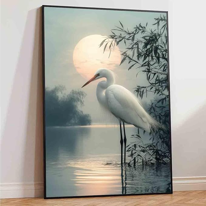 White Heron Wall Art Watercolor Heron Print Vintage Crane Bird Pictures Japanese Crane Painting Watercolor Bird Artwork Sunset Abstract Wall Art Coastal Living Room Decor 16x24inch No Frame