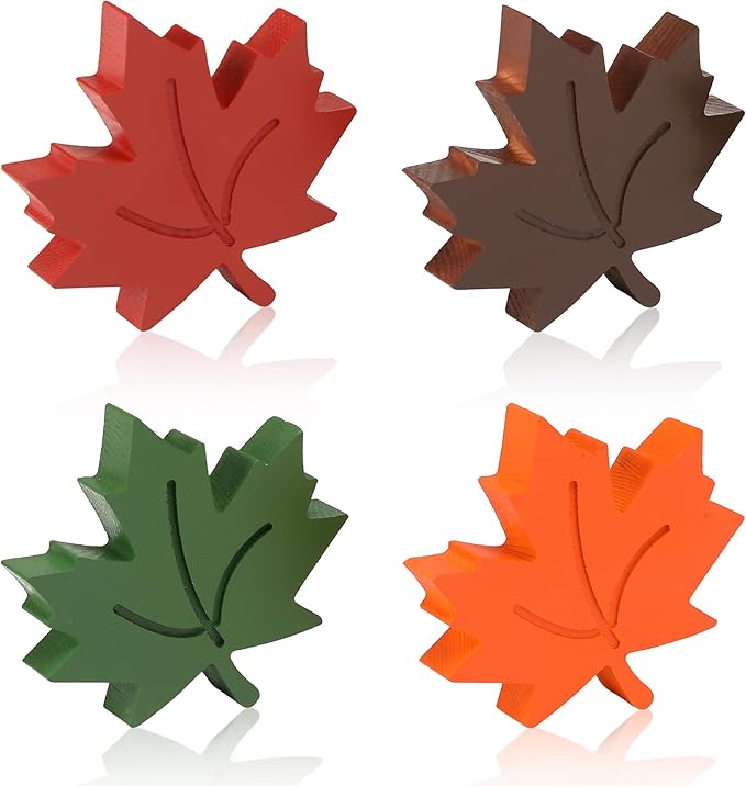4pcs Fall Leaves Decorations Farmhouse Thanksgiving Table Decor Centerpiece Wooden Maple Leaf Signs Block for Autumn Harvest Tiered Tray Party Shelf Display
