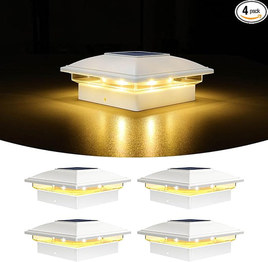 VOLISUN Solar Post Cap Light Outdoor Waterproof 4pack,Solar Fence - Post Lights for 4x4 5x5 6x6 Wooden/Vinyl Post,White Deck Cap Light Solar Powered with Warm White for Garden/Patio/Porch