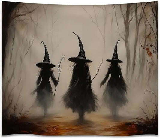 Witchy Halloween Tapestry Wall Hanging Vintage Spooky Witch Room Print Dark Academia Autumn Forest Three Witches Tapestries Decor for Halloween Living Room Bedroom Decoration 40x60inch