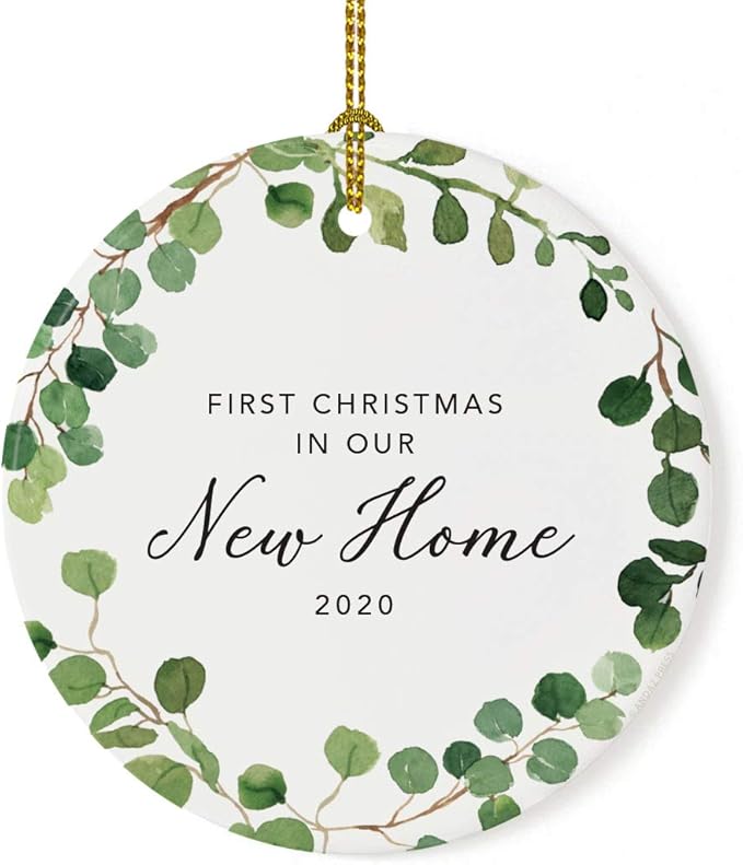 Andaz Press Custom Year Round Ceramic Porcelain Christmas Tree Ornament Keepsake Collectible Gift, First Christmas in Our New Home 2025, Woodland Wreath Deer, 1-PackHousewarming Gift Ideas