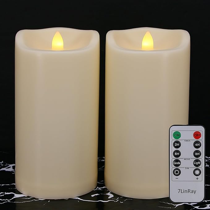 Large Flameless Candles with Remote and Timers Outdoor Waterproof, 8" x 4" Battery Operated Flickering LED Pillar Candles for Outside Lanterns, Ivory Plastic, Long-Lasting ,Set of 2