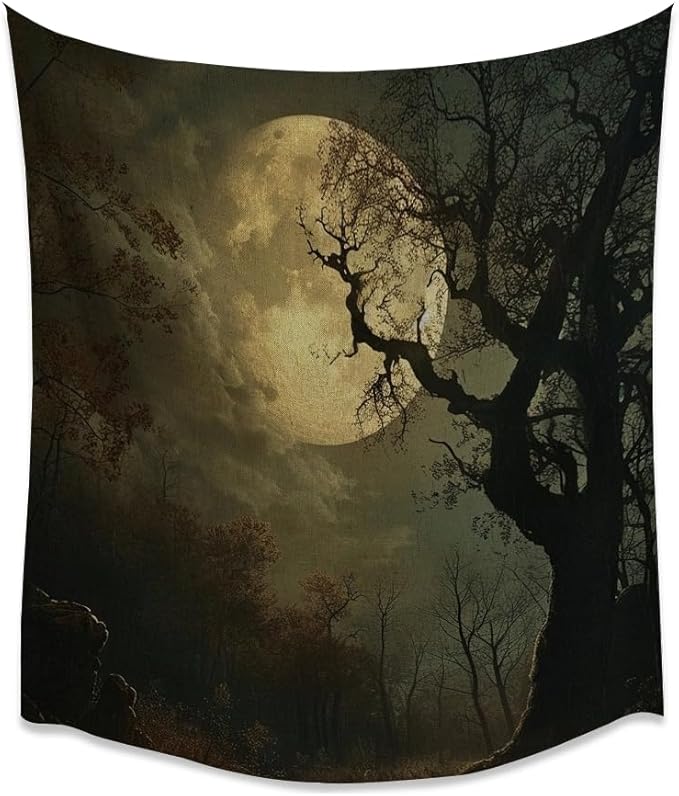 Moon Tapestry Halloween wall Decor Vintage Dark Academia Bedroom Tapestries Retro Art Aesthetic Wall Tapestry for Bedroom Dorm Living Room white