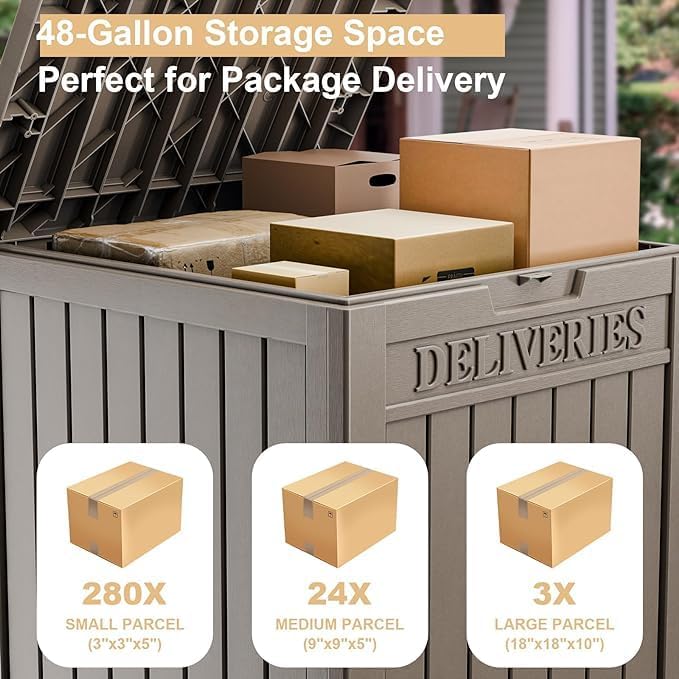 DRATO 48 Gallon Package Delivery Box, Large Lockable Storage Box, Double-Wall Resin Outdoor Package Delivery and Waterproof Deck Box for Porch, Patios