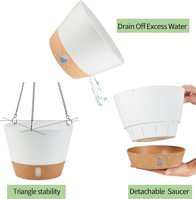 2 Pack 10 Inch Hanging Planters for Indoor Outdoor Plants, Hanging Plant Flower Pot Basket with Drainage Hole with Removable Tray&Hooks Self Watering Plant Pot for Hanging Plants, White