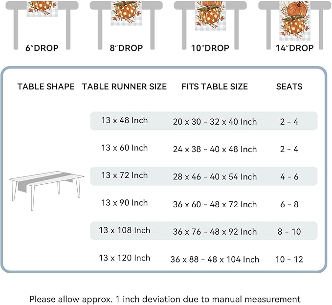 Romanstile Pumpkin Leaves Fall Table Runner, Buffalo Plaid Autumn Thanksgiving Harvest Farmhouse Style Table Decoration for Dining, Party, Holiday - 13x90 Inch, Grey Blue