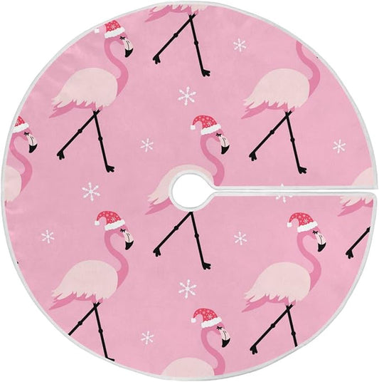 Christmas Pink Flamingo Tree Skirt, Seasonal Tree Mat Holiday Party Supplies Ornaments Indoor Outdoor Decorations for Tabletop Trees 47.2 Inches