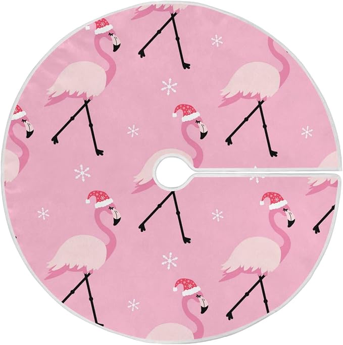 Christmas Pink Flamingo Tree Skirt, Seasonal Tree Mat Holiday Party Supplies Ornaments Indoor Outdoor Decorations for Tabletop Trees 35.4 Inches