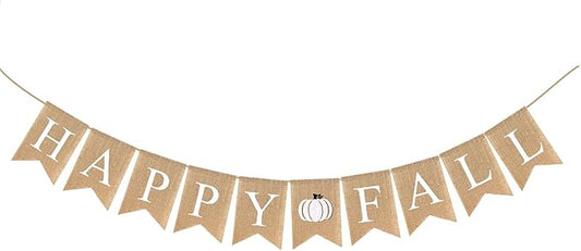 Happy Fall Burlap Banner White Jute Burlap Pumpkin Garland Harvest Mantel Fireplace Wall Hanging for Home Office School Party Decor Thanksgiving Decoration