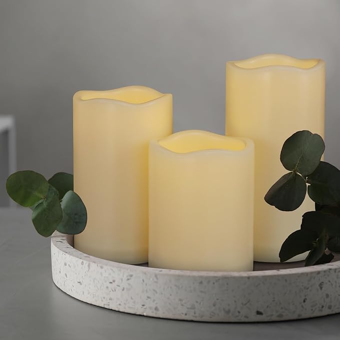 Battery Operated Candles Flickering Flameless Candles with Remote and Timer, Waterproof Outdoor LED Pillar Flameless Candles for Home Wedding Decor, Ivory Plastic, D 3" x H 4" 5" 6"