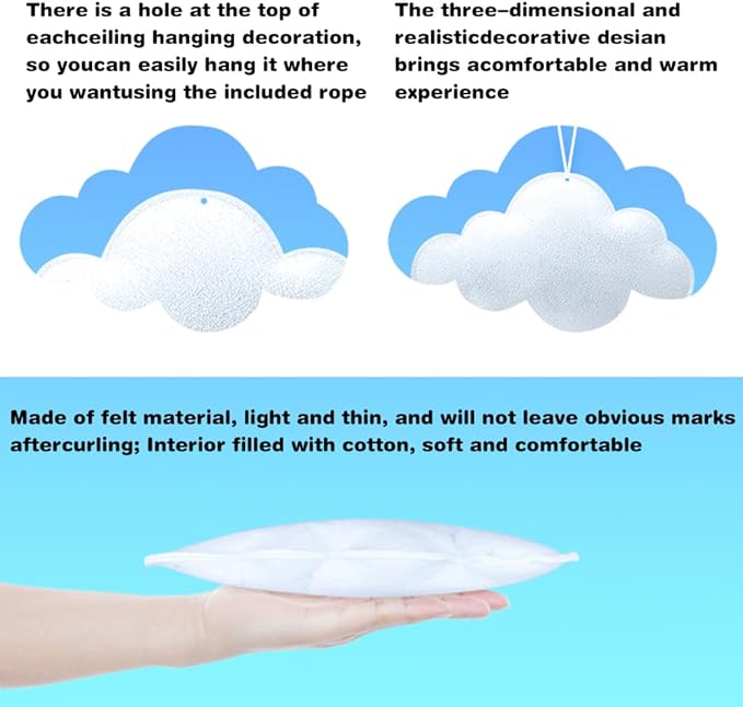 12 Pcs 3D Cloud Decorations Hanging Clouds for Room Ceiling Decor Clounds Decorations Felt Fake Cloud Ornaments Cloud Props for Art Stage Wedding Nursery Children Room Themed Party Baby Shower