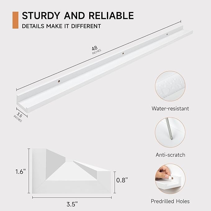 Fun Memories Picture Ledge Shelf, 48 Inch Floating Shelves Set of 2, Large Nursery Book Shelves for Toys Storage, Kids Bookshelf Wall Mounted for Wall Decor Books Photo Frames, White