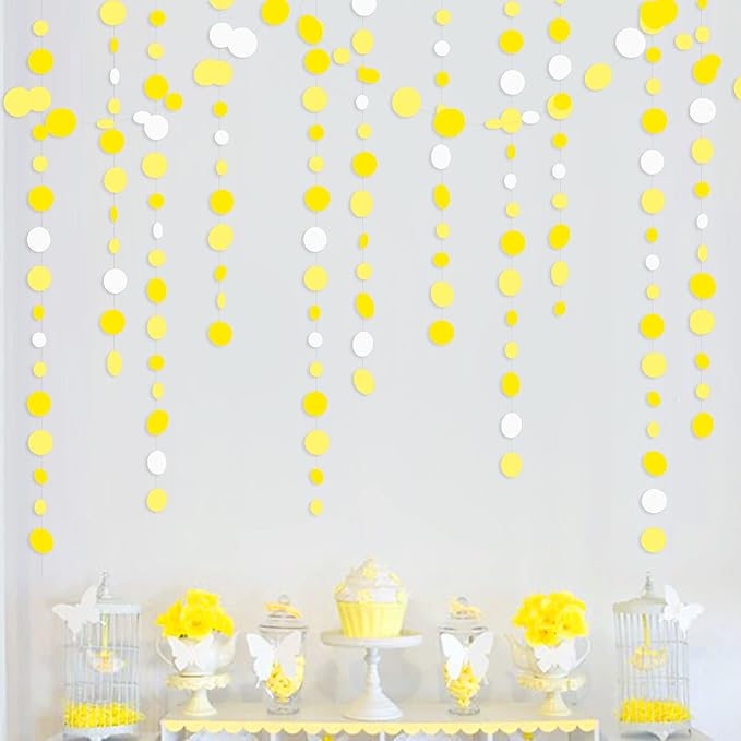 46 Ft Yellow White Circle Dots Garland Gradient Yellow Polka Dot Hanging Paper Streamer for Wedding Bridal Shower Birthday Baby Shower Engagement Bee Sunflower Lemon Theme Party Decorations Supplies