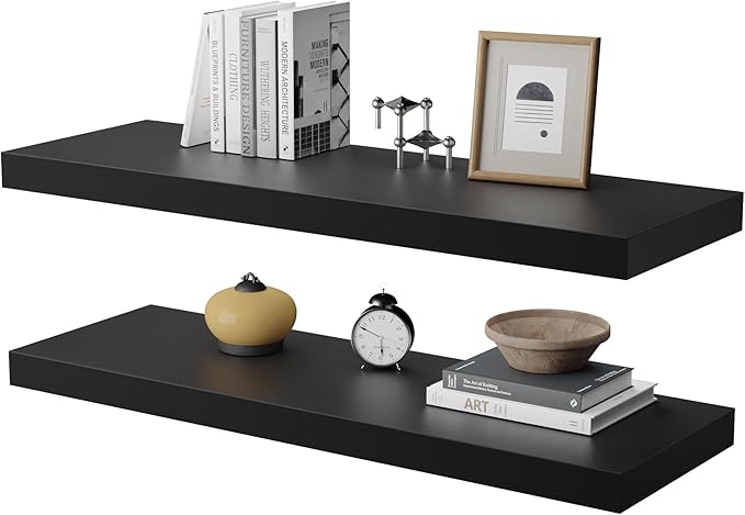 Large Floating Shelves for Wall Set of 2 Wooden Wall Shelves 30 in x 12.75 in x 2 inRoom Decor Long Shelf with Invisible Wall Mount Bracket for Bedroom Kitchen Living Room Black