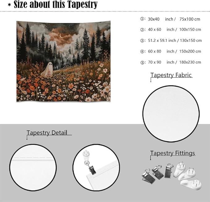 Spooky Fall Forest Art Halloween Tapestry Wall Hanging Cute and Funny Forest Flower Ghost Tapestry for Bedroom Whimsical Dark Academia Aesthetic Tapestries for Home Living Room Decor 70x90inch