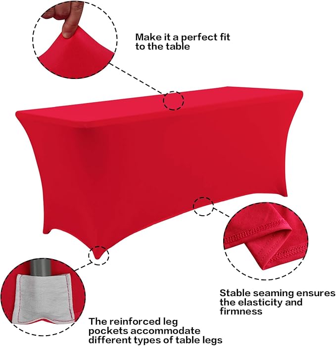 IVAPUPU 2 Pack 8FT Table Cloth for Rectangular Fitted Events Stretch Red Table Covers Washable Cover Spandex Tablecloth Protector for Party, Wedding, Cocktail, Banquet, Festival