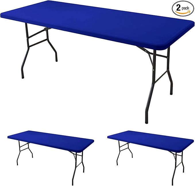 Fitted Tablecloth for 8 Foot Rectangle-2 Pack Royal Blue Elastic Outdoor Picnic Table Cover-Spandex Stretch Folding Table Cloths 8ft for Camping Dining Room Patio Kitchen Banquet Party