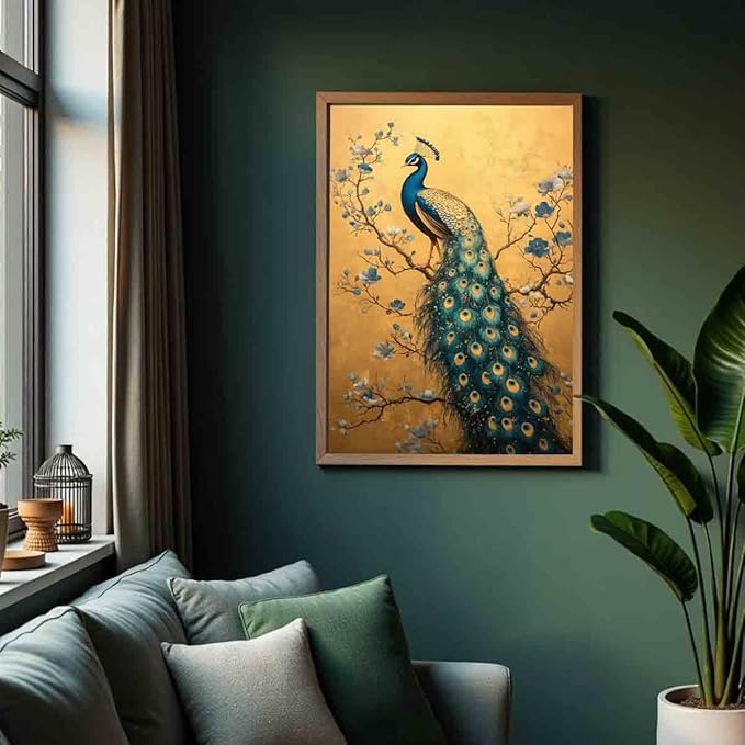 Elegance Peacock Wall Art Blue Peacock Painting Abstract Bird Wall Art Vintage Bird Poster Vintage Animal Picture Blue Animal Print Flower Modern Abstract Living Room Decor 16x24inch No Frame
