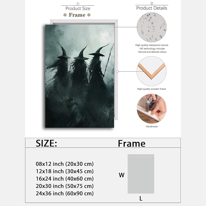 Gothic Witchs Horror Halloween Wall Art,Three Witches in Moody Forest Painting Wall Decor,Autumn Spooky Witches Forest Canvas Printing For Gallery Living Room Bedroom,24"x36" Framed