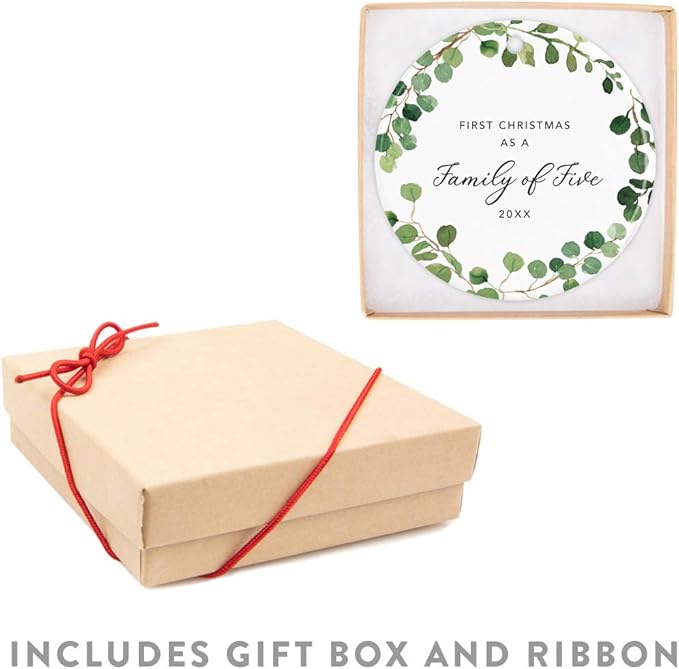 Andaz Press Custom Year Round Ceramic Porcelain Christmas Tree Ornament Keepsake Collectible Gift, First Christmas as a Family of Five 2025, Farmhouse Eucalyptus Wreath, 1-PackNew