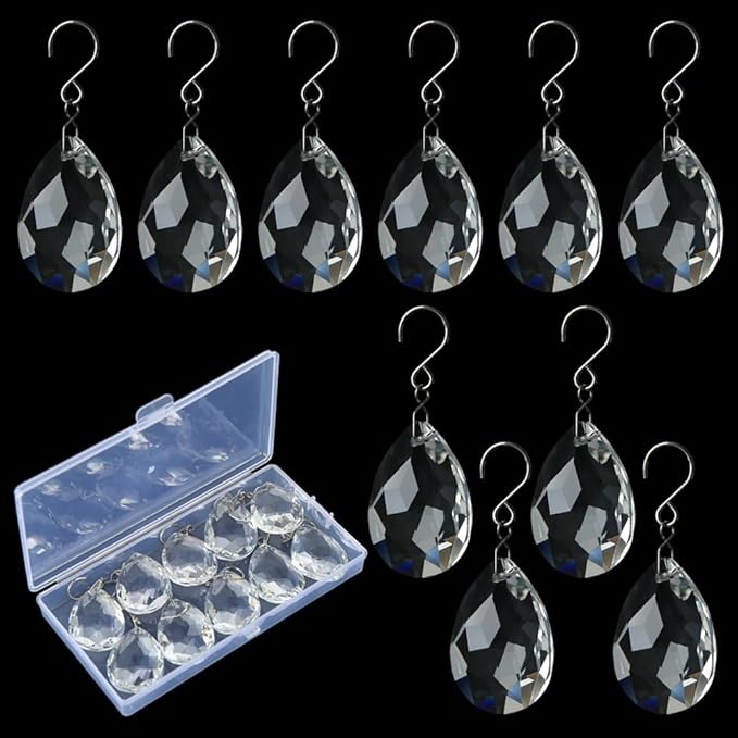 10pcs 38mm Crystal Suncatcher, Hanging Clear Teardrops Crystals Chandelier Parts Prisms Pendants with Hook for Windows Lamp Christmas Tree Decorations Home Decor