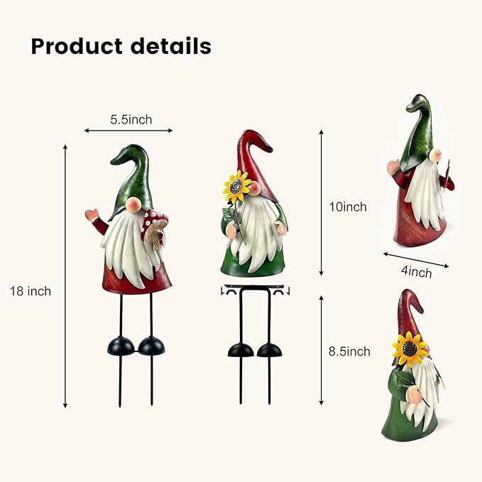 HONGLAND Metal Gnome Yard Art Outdoor Gnomes Garden Statue 18 Inch Gnome Figurine Decorative Stakes for Holiday Christmas Lawn Patio Yard Garden Decor-2 PCS