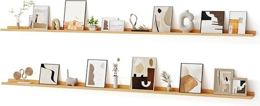 Floating Picture Ledge Shelves for Wall Set of 2, 95 Inches Picture Ledge Shelf with Long Large Nursery Book Shelf for Toys Storage Kids Bookshelf Wall Mounted Living Room Bedroom Decor Frames, Oak