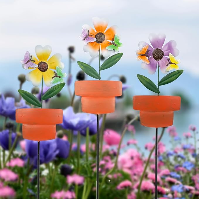 Metal Garden Stakes Decor,3 Pack Flowers Pot Decorative Garden Stakes, Waterproof Spring Outdoor Decor,Metal Flowers Garden Decor for Outside,Lawn,Yard,Pathway