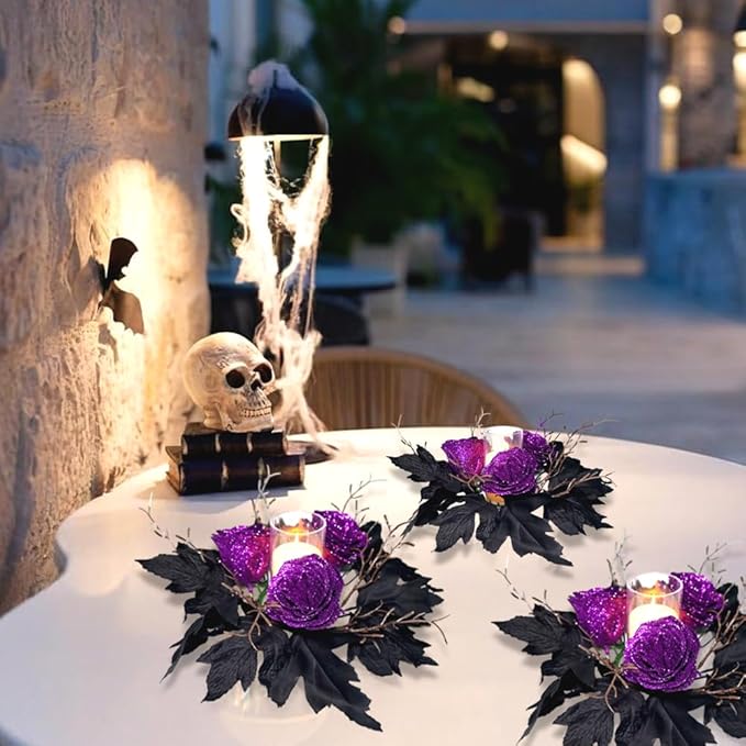 2pcs 11.8" Halloween Candle Rings Wreaths Artificial Glitter Purple Roses Dead Branches Black Leaves Candle Rings Holder Halloween Mini Wreaths for Table Centerpiece Home Dinner Table Christmas Decor