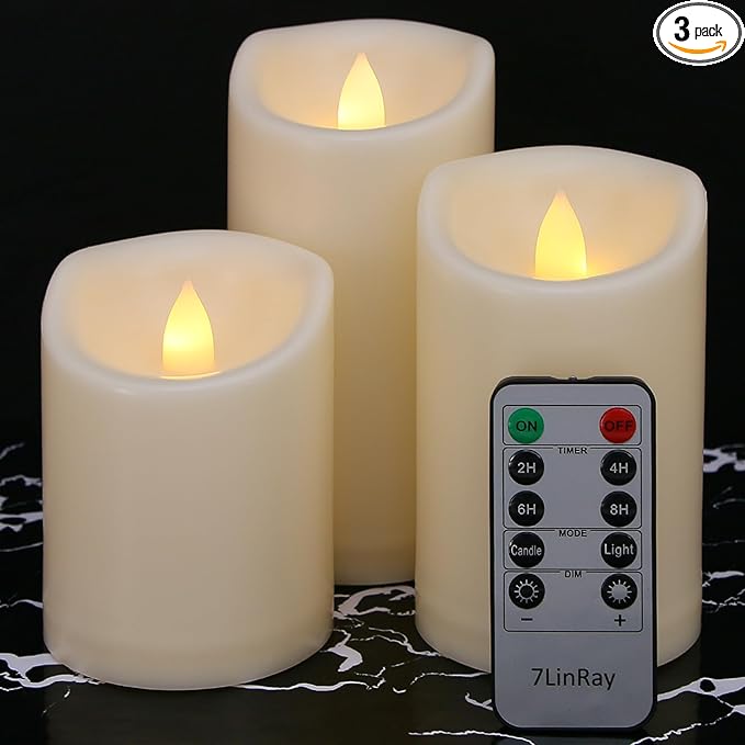 Flameless Flickering Candles with Remote and Timers, 1000 Hours Waterproof Outdoor Indoor Battery Operated LED Pillar Candles, Ivory Plastic, Set of 3(D 3" x H 4" 5" 6")