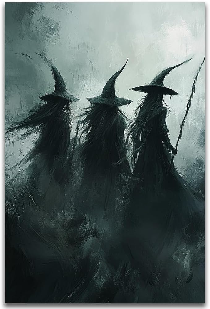 Gothic Witchs Horror Halloween Wall Art,Three Witches in Moody Forest Painting Wall Decor,Autumn Spooky Witches Forest Canvas Printing For Gallery Living Room Bedroom,20"x30" Unframed