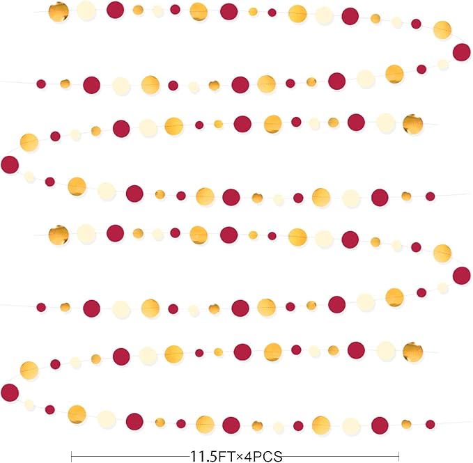 46 Ft Maroon Gold Party Decorations Burgundy Gold Beige Polka Dot Garland Hanging Paper Circle Dots Streamer for Maroon Garnet Graduation Birthday Anniversary Wedding Bridal Shower Party Supplies