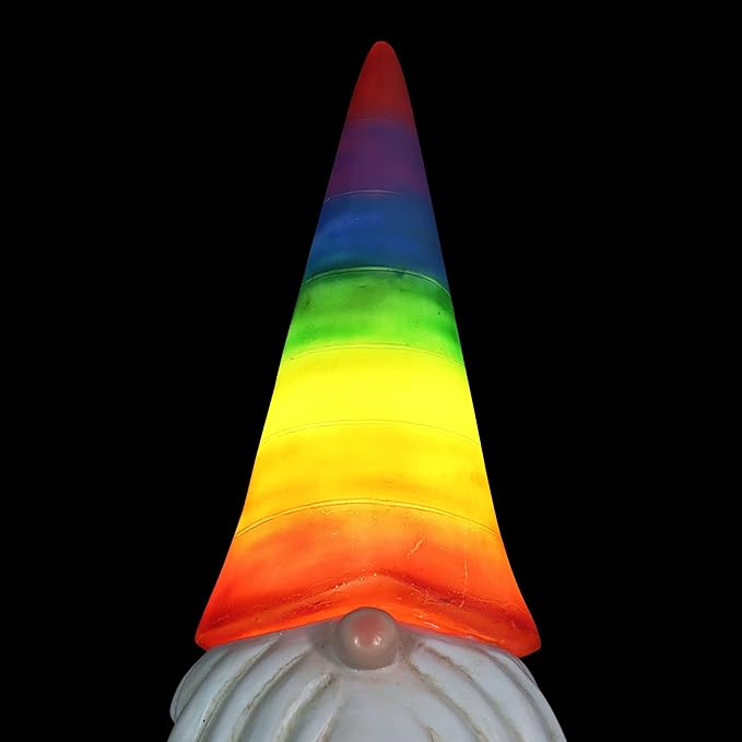 Exhart Garden Gnome, Solar Garden Gnome Statue with Heart, LED Rainbow Hat, Cute Outdoor Garden Decoration, 6 x 12.5 Inch, Multicolor, Resin