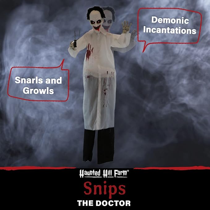 Haunted Hill Farm Life-Size Scary Animatronic Doctor with Touch Activated Lights and Sounds, Indoor or Covered Outdoor Spooky Halloween Decorations for Home or Haunted House, Battery-Operated