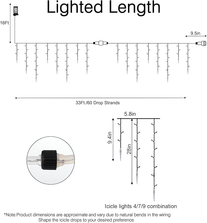 Icicle Lights Outdoor, 33 FT 400 LED Christmas Lights with 60 Drops, Waterproof Connectable Icicle Christmas Light Outdoor with Remote and Timer, 8 Light Modes Christmas Decorations for Roofline